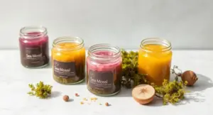 Selection of natural sea moss gel jars with raw Irish sea moss arranged for a health and wellness supplement comparison