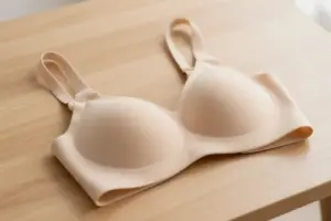 Neutral seamless t-shirt bras folded neatly on a light wood surface.