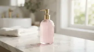 Elegant luxury shampoo for female hair thinning sitting on a white marble bathroom counter