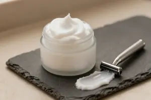 Luxury shaving cream for preventing razor bumps with rich lather and razor on slate stone