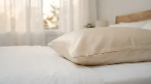 Luxurious mulberry silk pillowcase for acne prevention draped neatly on a pillow in a bright minimalist bedroom
