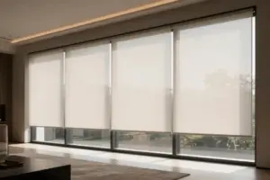 Modern luxury living room with automated smart blinds and motorized shades on large windows