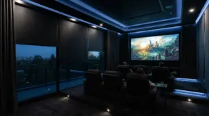 Sleek motorized smart blinds closing over windows in a luxury home theater with ambient LED lighting