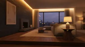 Modern cozy living room lit by colorful ambient smart light bulbs without a hub