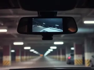 Smart dash cam with parking mode mounted on a luxury car windshield inside a parking garage at night