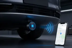 Compact smart GPS tracker for stolen vehicles mounted under a car chassis with live tracking map on a smartphone screen
