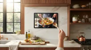 Modern smart display for kitchen entertainment mounted on a marble wall streaming a video recipe