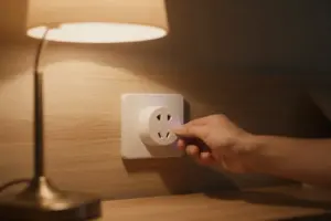 Modern smart plugs for automating old appliances plugged into a wall outlet powering a vintage lamp