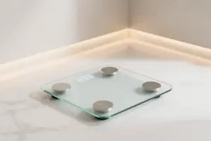 Glass smart bathroom scale for body fat tracking on marble floor in a bright modern bathroom