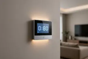 Sleek modern smart thermostat to save energy mounted on a living room wall