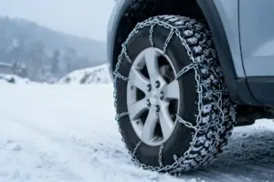 Heavy-duty snow chains installed on a vehicle tire for winter driving on a snowy mountain road
