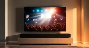 Premium soundbar positioned beneath a modern television, delivering clear dialogue and immersive cinematic audio for movies