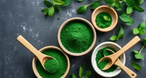 Premium green spirulina powder in natural bowls with fresh spirulina ingredients representing high-quality wellness supplements