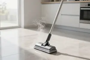 Modern steam mop cleaning porcelain tile and grout floors in a bright kitchen