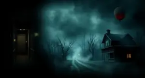 Collage-style cinematic scene representing iconic Stephen King horror movie themes with eerie locations and suspenseful atmosphere
