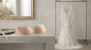 Nude silicone stick-on bra for backless wedding dresses displayed beside a lace bridal gown