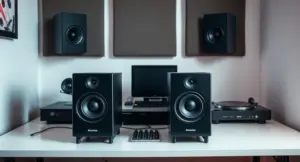 Pair of professional studio monitor speakers on a bedroom DJ desk setup for accurate music mixing and playback