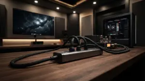 Heavy-duty surge protector for expensive gear plugged into high-end audio equipment on a dark wooden desk