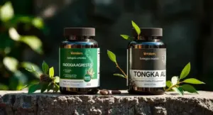 Fadogia agrestis and Tongkat Ali herbal supplements displayed side by side for a natural testosterone booster comparison