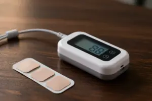 Compact digital TENS unit for pain relief with electrode pads on a wooden table