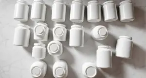 A professional arrangement of plain protein powder canisters for our review of the best tasting vegan protein powders.