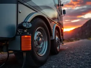 Portable tire inflator for RVs and trucks hooked up to a large RV tire on a mountain roadside