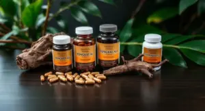 Premium Tongkat Ali root extract supplements displayed with natural Eurycoma longifolia roots for testosterone support
