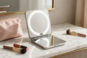 Slim lighted travel makeup mirror open on a luxury marble hotel vanity with cosmetics