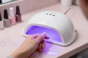 Modern UV LED nail lamp curing gel polish on a marble vanity desk
