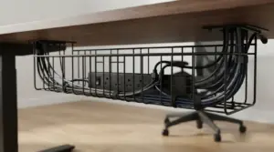 Steel under-desk cable management tray holding power strips and clean cord routing