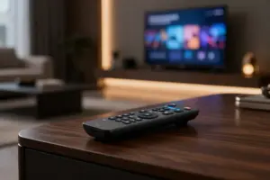 Modern touchscreen universal remote for smart homes resting on a coffee table in a dark living room