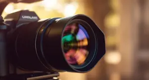 Professional camera lens fitted with a variable ND filter for cinematic video recording and smooth motion blur