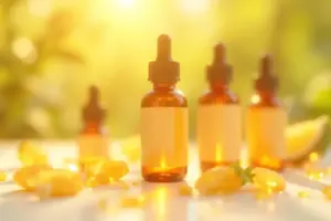 Amber dropper bottles containing liquid vitamin D3 and K2 supplements arranged naturally with soft sunlight and healthy ingredients