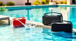 Waterproof Bluetooth speakers placed beside a swimming pool for outdoor pool party music and entertainment