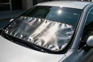 Custom-fit windshield sun shade protecting the interior of a luxury sedan parked in direct sun