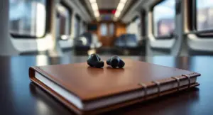 Sleek wireless earbuds on a notebook for the 9 Best Wireless Earbuds for Commuting on a Train guide.