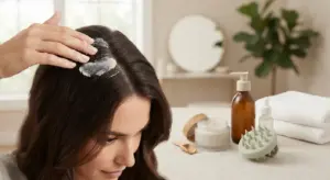 Gentle physical scalp scrub application for sensitive scalp care