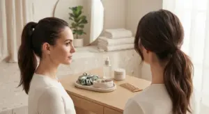 Woman comparing tight and loose ponytail styles to reduce hair tension