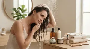 Woman washing her hair as part of a healthy hair-care routine