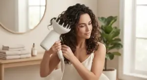 Woman using a diffuser to dry wavy and curly hair with less frizz