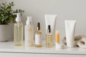 Summer and winter skincare products arranged for a seasonal routine transition