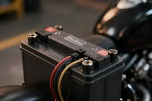 Compact battery tender and maintainer plugged into a motorcycle battery during winter storage