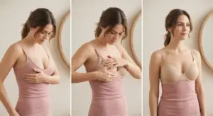 Scoop and swoop technique for putting on a bra correctly