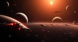 Chronological Star Wars timeline featuring iconic spaceships, planets, and cinematic sci-fi environments representing the complete saga