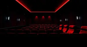 A cinematic home theater setup for reviewing the Highest Grossing Horror Franchises of All Time.