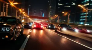 Fast and Furious inspired collection of high-performance cars racing on a dramatic city highway at night