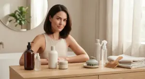 Hair-care products and clarifying shampoo arranged for a scalp buildup cleansing routine