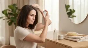 Woman using dry shampoo at the roots as part of a scalp care routine