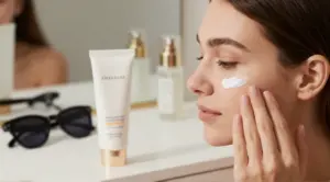 Woman applying facial sunscreen carefully to avoid eye stinging